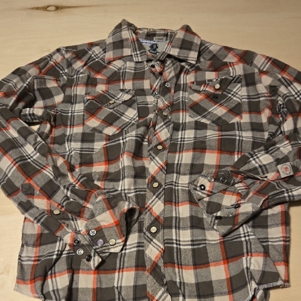 Casual Tan And Orange Plaid Snap Front Shirt